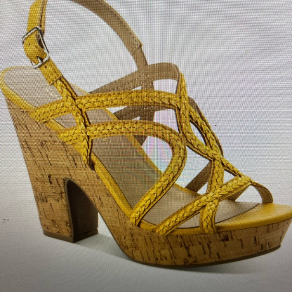 Sun + Stone Yellow Braided Cork Platform Heels